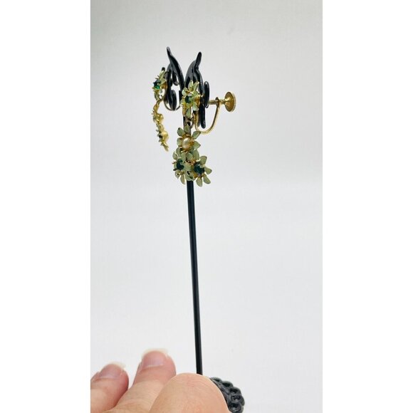 CHARM Floral Dangle Earrings Screw Back Gold Tone Rhinestones Simulated Pearl - Picture 7 of 11